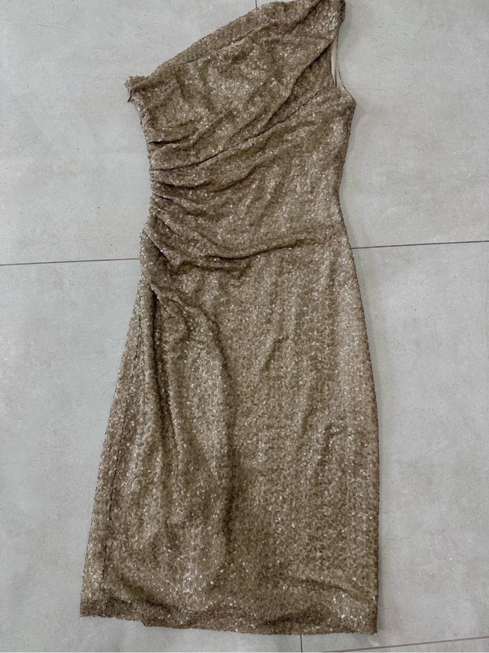 Ralph Lauren One-Shoulder Sequin Dress in Champagne Gold